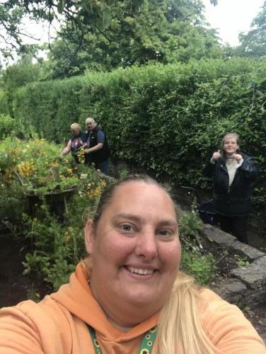 "Working hard weeding the beds at greenfield community allotment On grow your own day." [Val & Bryn, Paula and Steph]